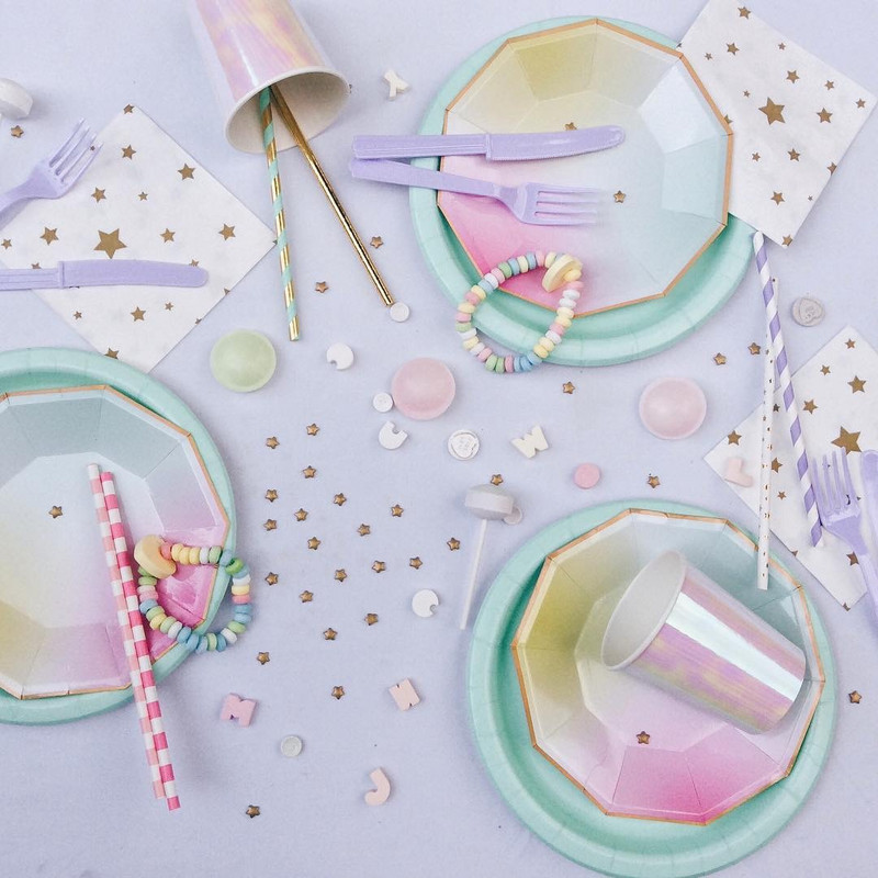 1 rinkinys vienkartiniai stalo reikmenys vaivorykštės spalvos apvalus plokščias popierinis puodelis popierinis rankšluostis vakarėlio reikmenys Gimtadienio vestuvių vakarėlio dekoravimas