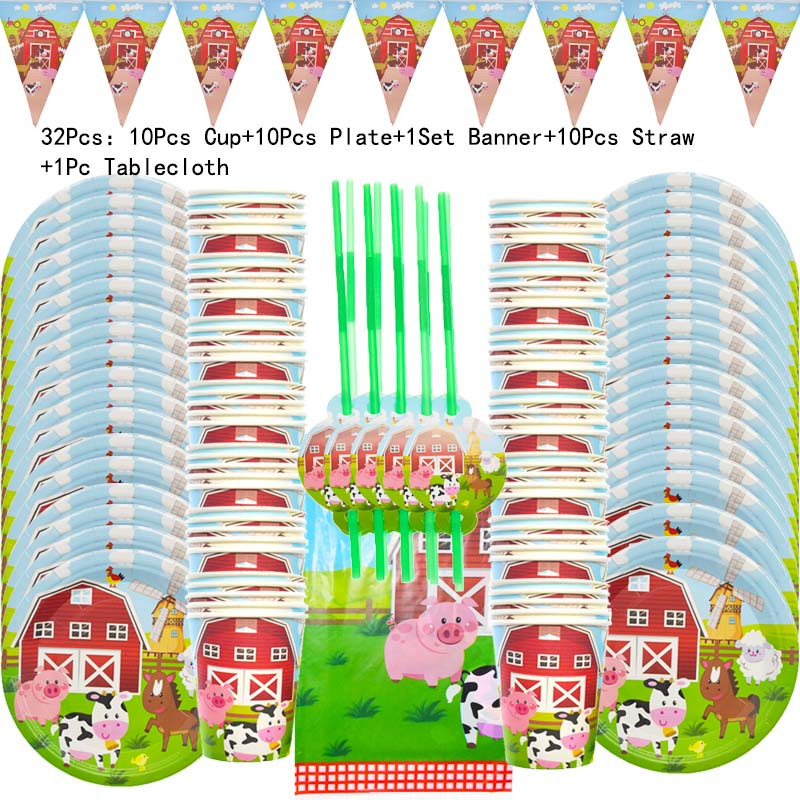 Sünnipäevateemalised taluloomade peokaunistused Isikupärastatud lauanõude komplekt Taldrikutassi salvrätikud Õlgpeo rekvisiidid Beebi dušitarbed
