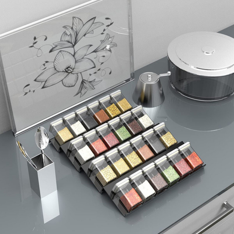 Vürtsisahtli korraldaja Akrüül vürtside riiul 4 astmega vürtside korraldaja köögikappide jaoks Reguleeritava disainiga ürdi- ja vürtsipurkide jaoks