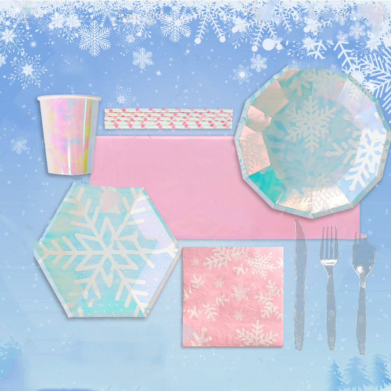 8 gostiju Prekrasno posuđe u obliku pahuljica Božićni tanjuri Smrznuti pribor za rođendansku zabavu Snijeg Led Zamrznuta tema Parti Decor