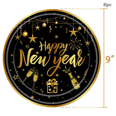 2023 Happy New Year Party Μαύρο Χρυσό σερβίτσιο μιας χρήσης Χάρτινο πιάτο Κύπελλο Cheer 2023 Happy New Year Party Merry Christmas Decor