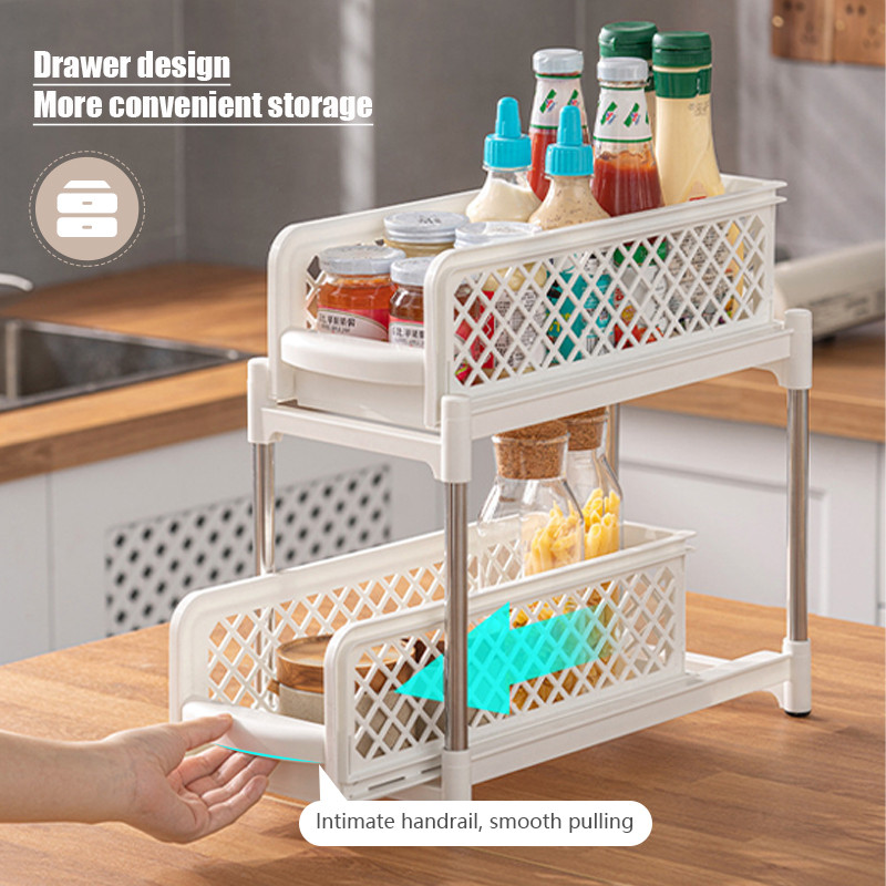 Kahetasandiline lükanduskapp, korv, köögis asuv kraanikausialune võrk, väljatõmmatavate sahtlitega hoiustamisriiul Vannitoa lauariiul