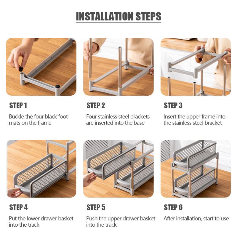 Kahetasandiline lükanduskapp, korv, köögis asuv kraanikausialune võrk, väljatõmmatavate sahtlitega hoiustamisriiul Vannitoa lauariiul