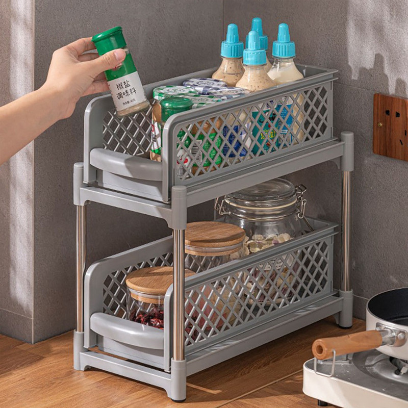 Kahetasandiline lükanduskapp, korv, köögis asuv kraanikausialune võrk, väljatõmmatavate sahtlitega hoiustamisriiul Vannitoa lauariiul