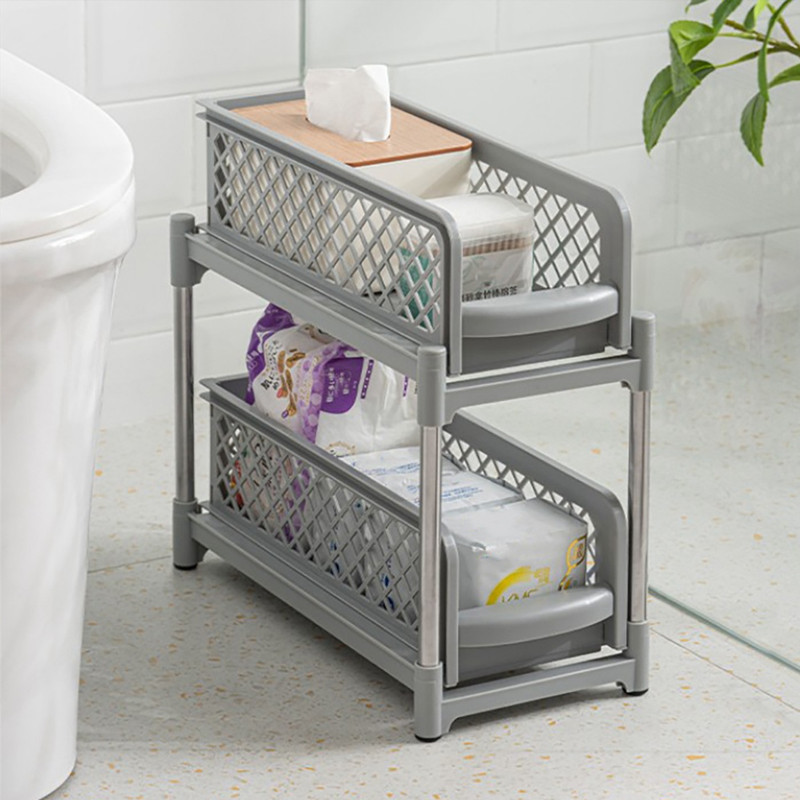 Kahetasandiline lükanduskapp, korv, köögis asuv kraanikausialune võrk, väljatõmmatavate sahtlitega hoiustamisriiul Vannitoa lauariiul