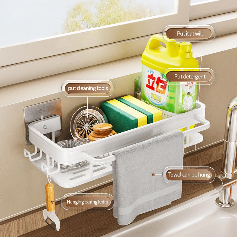 Virtuvės pakabinama laikymo lentyna Rankšluosčių kempinė kanalizacijos laikiklis Aliuminis kriauklės nutekėjimo stovas krepšelis Vonios šampūno rankšluosčių laikiklis