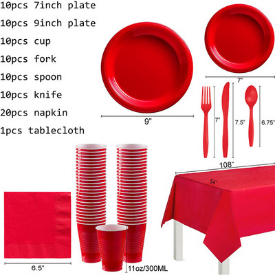 Κόκκινο μονόχρωμο σετ πάρτι Πλαστικό πιάτο μίας χρήσης Τραπεζομάντιλο Διακόσμηση πάρτι γενεθλίων για 10 άτομα Προμήθειες ενηλίκων
