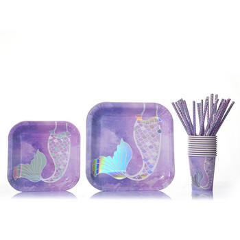 Επιτραπέζια σκεύη μιας χρήσης Mermaid Party Creative Mermaid Tail Plates Under The Sea Mermaid Cups Girls 1st Birthday Party Decoration