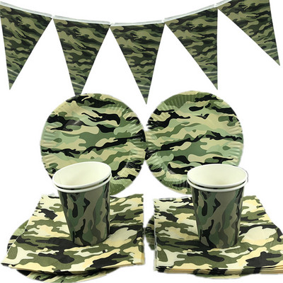 Kamuflaažide teemapidu Armee rohelised kaunistused lauanõud pabertass taldrik Salvrätikud bännerid beebidušš Laste sünnipäevapeo varustus