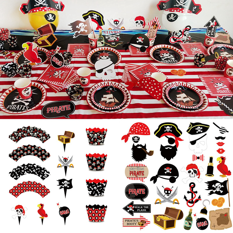 Seturi de tacamuri de unica folosinta cu tema petrecerii pirati Decoratiuni pentru petreceri de aniversare pentru copii Farfurie Servetele Cupa Banner Decor Baby Shower