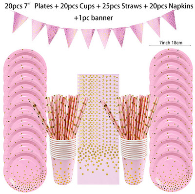 Dot Paper Veselă de petrecere de unică folosință Roz Negru Alb Farfurii pentru pahare de hârtie pentru nuntă, ziua de naștere, decorațiuni pentru petreceri