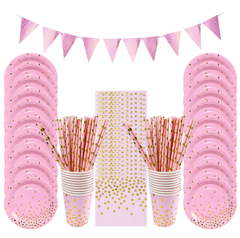 Dot Paper Veselă de petrecere de unică folosință Roz Negru Alb Farfurii pentru pahare de hârtie pentru nuntă, ziua de naștere, decorațiuni pentru petreceri