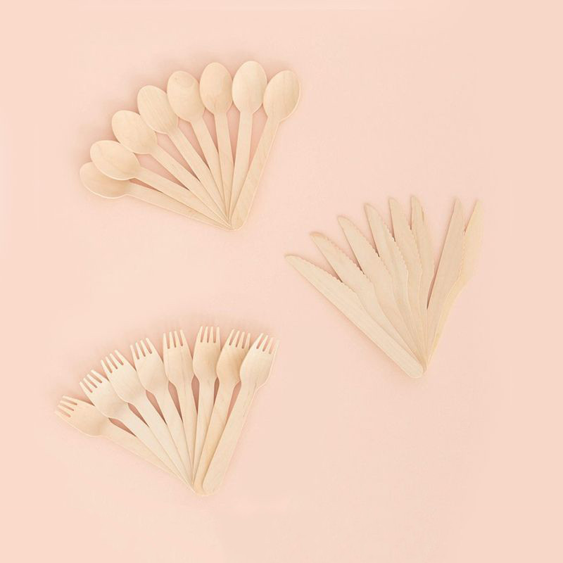 24tk/komplekt Ühekordsed puidust lauanõud Kahvlid Lusikad Nuga Söögiriistad Pulma sünnipäevapeo lauanõud Kaunistus magustoit kahvel