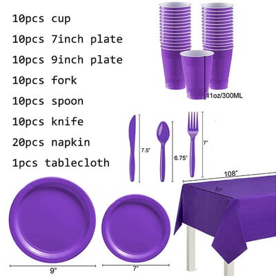 Lilla ühevärviline peokomplekt ühekordselt kasutatav plastikust taldrikutass Laudlina Sünnipäevapeo pulmakaunistus 10 inimesele täiskasvanute tarvikud