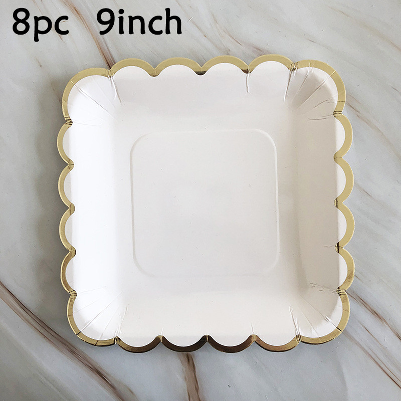 Loominguline 8 külalist Valged ühekordsed lauanõud Kuldse servaga ruudukujulised taldrikud Tassid Pulmateenindus Palju õnne sünnipäevaks peo kujundus lapsed täiskasvanud