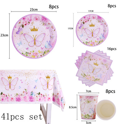 Vesela de unică folosință pentru ziua de naștere farfurie coroană cu fluture roz Servețel ceașcă față de masă fetiță 1-a aniversare decorare pentru baby shower