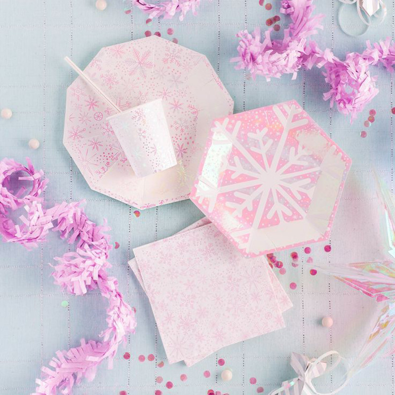 Ružičasti snježni ukrasi Papirnati tanjuri Šalice Transparenti Salvete Baloni Božić Nova godina Rođendan Vjenčanje Baby Shower Oprema za zabavu