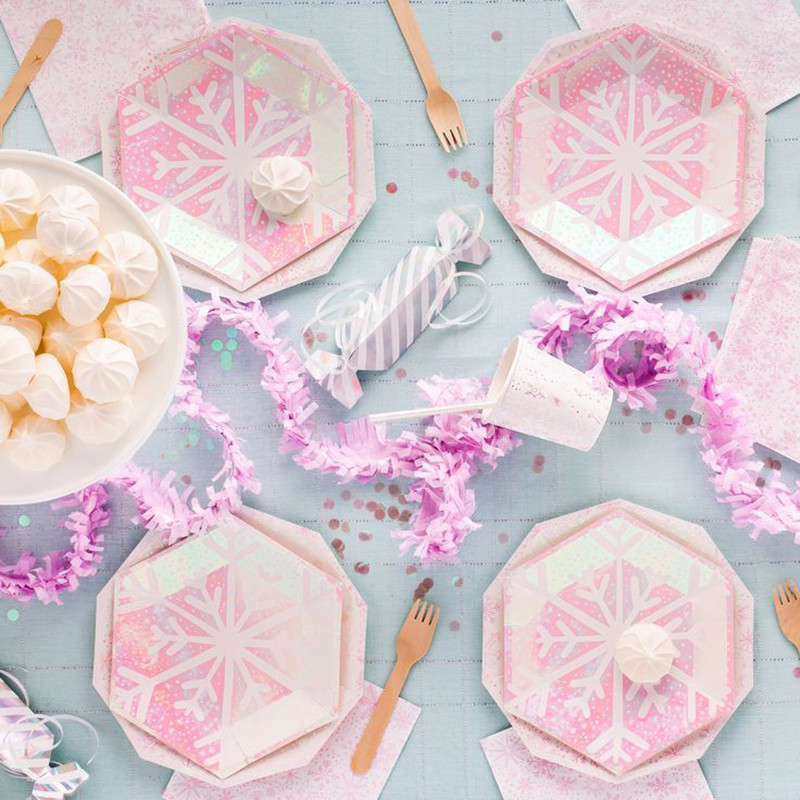 Ružičasti snježni ukrasi Papirnati tanjuri Šalice Transparenti Salvete Baloni Božić Nova godina Rođendan Vjenčanje Baby Shower Oprema za zabavu