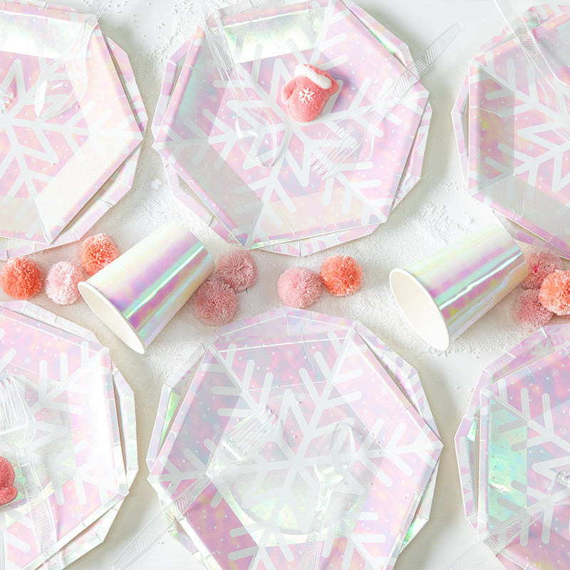 Ružičasti snježni ukrasi Papirnati tanjuri Šalice Transparenti Salvete Baloni Božić Nova godina Rođendan Vjenčanje Baby Shower Oprema za zabavu