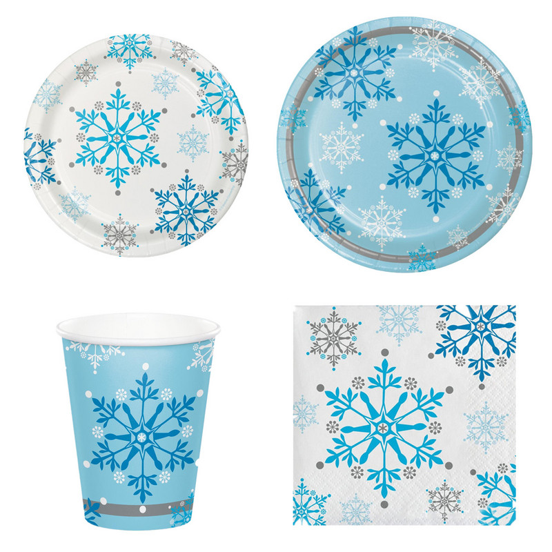 Nou Decor pentru petreceri Frozen Tema fulgilor de zăpadă Seturi de veselă de unică folosință farfurii de hârtie, cești, șervețele, decorațiuni de Crăciun fericit pentru casă