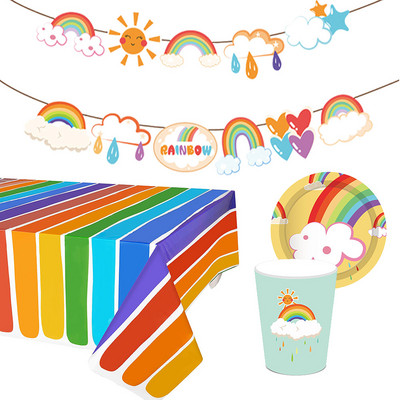 Парти за рожден ден Rainbow Покривка Банер Чинии Чаши Салфетки Слама Момиче Еднорог Парти Консумативи Летен басейн Парти Декорации