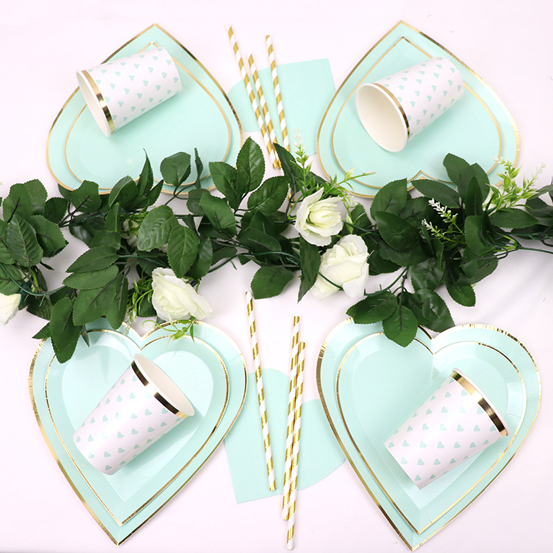 Μέντα Πράσινο χρυσό σερβίτσιο μιας χρήσης Πετσέτες για πάρτι Χάρτινα πιάτα Ψάθινο φλιτζάνι Παιδικά προμήθειες για πάρτι γενεθλίων Μπομπονιέρα Διακόσμηση γάμου