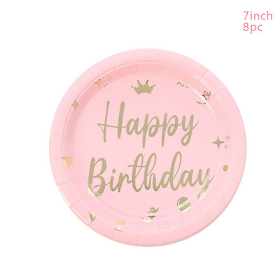 Ružičasta kruna Sretan rođendan Jednokratni set posuđa Sretan rođendan Salvete Tanjuri Djevojke Sretan rođendan Dekoracija za zabavu Ružičasti rođendan