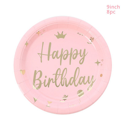 Ružičasta kruna Sretan rođendan Jednokratni set posuđa Sretan rođendan Salvete Tanjuri Djevojke Sretan rođendan Dekoracija za zabavu Ružičasti rođendan