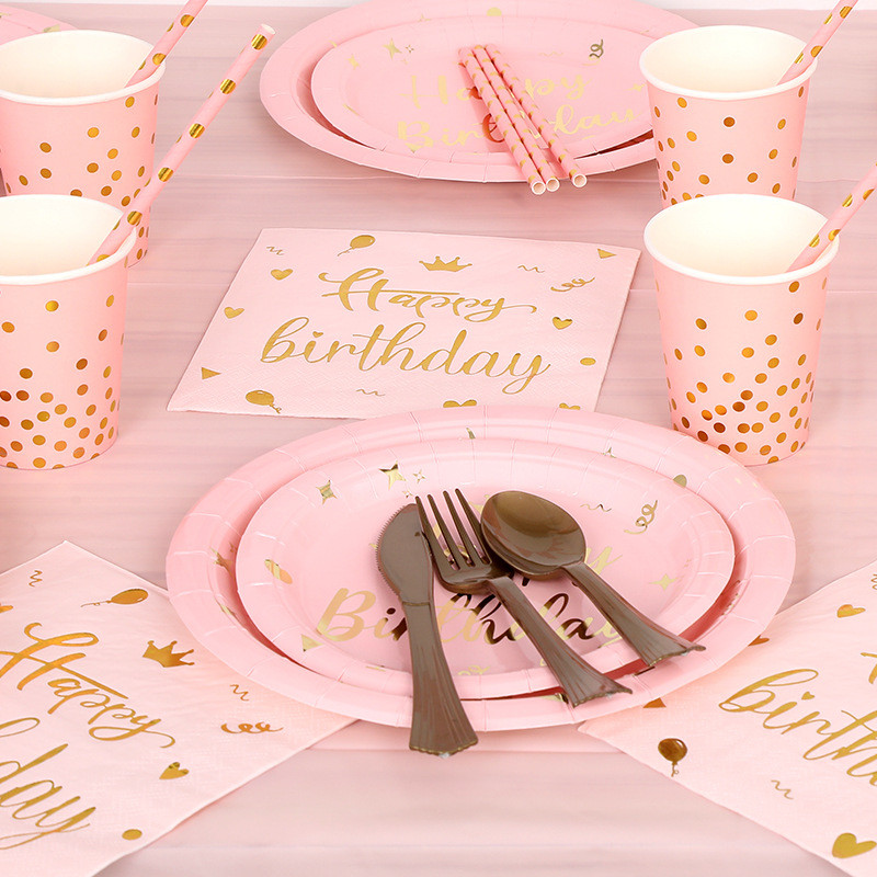Ružičasta kruna Sretan rođendan Jednokratni set posuđa Sretan rođendan Salvete Tanjuri Djevojke Sretan rođendan Dekoracija za zabavu Ružičasti rođendan