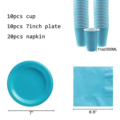 Plava jednobojna garnitura za zabavu Jednokratni plastični tanjur šalica Stolnjak Rođendanska zabava Dekoracija vjenčanja 10 osoba Potrepštine za odrasle