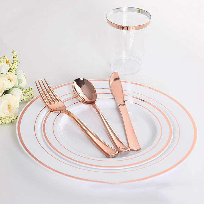 18 kom. Plastično posuđe od ružičastog zlata za jednokratnu upotrebu, noževi za desert, vilice, žlice, pribor za jelo, set pribora za jelo, vjenčanje, rođendan, dekoracija