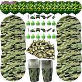 „Camo“ vakarėlio stalo reikmenys Popieriniai lėkštės Puodeliai Servetėlės Kariškio gimtadienio dekoras Reklamjuostė Kamufliažas Latekso Balionai Kariuomenės tortų viršus