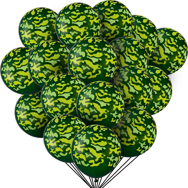 „Camo“ vakarėlio stalo reikmenys Popieriniai lėkštės Puodeliai Servetėlės Kariškio gimtadienio dekoras Reklamjuostė Kamufliažas Latekso Balionai Kariuomenės tortų viršus