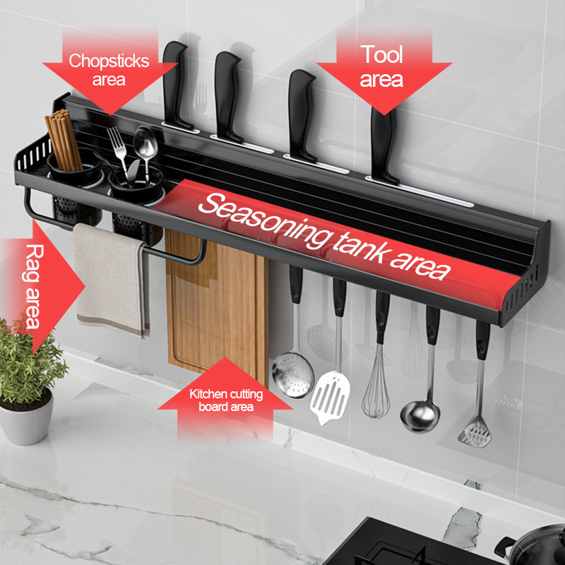 Šiuolaikinė virtuvės laikymo lentyna prie sienos montuojama prieskonių lentyna Aliuminio daugiafunkcinė virtuvės lentyna virtuvės organizatorius