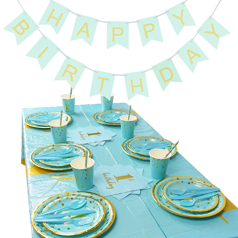 ONE Set 1st Year Old Plavi jednokratni pribor za jelo Tanjuri Šalice Salvete Dekoracije za dječačku zabavu za prvi rođendan Dječji pribor za BABY zabavu