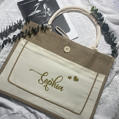 Προσωποποιημένο όνομα Shopping Tote Bag με τσέπες Πασχαλινό δώρο Τσάντες λινάτσα Δώρα γάμου για παράνυμφο Χριστουγεννιάτικο δώρο αποθήκευσης
