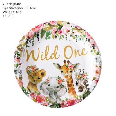 Wild One Jednokratno posuđe za djevojku Dekoracija za rođendansku zabavu Dječji Safari Šumska šuma Tema Parti DIY Jungle Baby Shower Girl