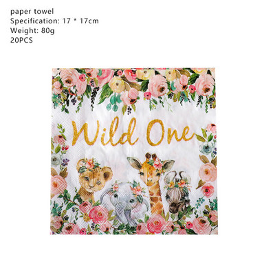 Wild One Jednokratno posuđe za djevojku Dekoracija za rođendansku zabavu Dječji Safari Šumska šuma Tema Parti DIY Jungle Baby Shower Girl