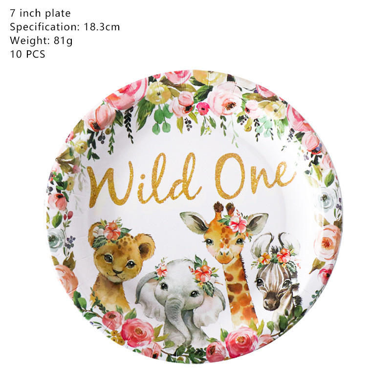 Wild One Jednokratno posuđe za djevojku Dekoracija za rođendansku zabavu Dječji Safari Šumska šuma Tema Parti DIY Jungle Baby Shower Girl