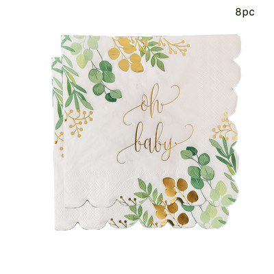 8Gosti Zlatno slovo Oh Dječje jednokratno posuđe Jungle Leaves Salveta Tanjur Šalica Tuširanje dječaka Djevojčica Babyshower Oh Potrepštine za bebe