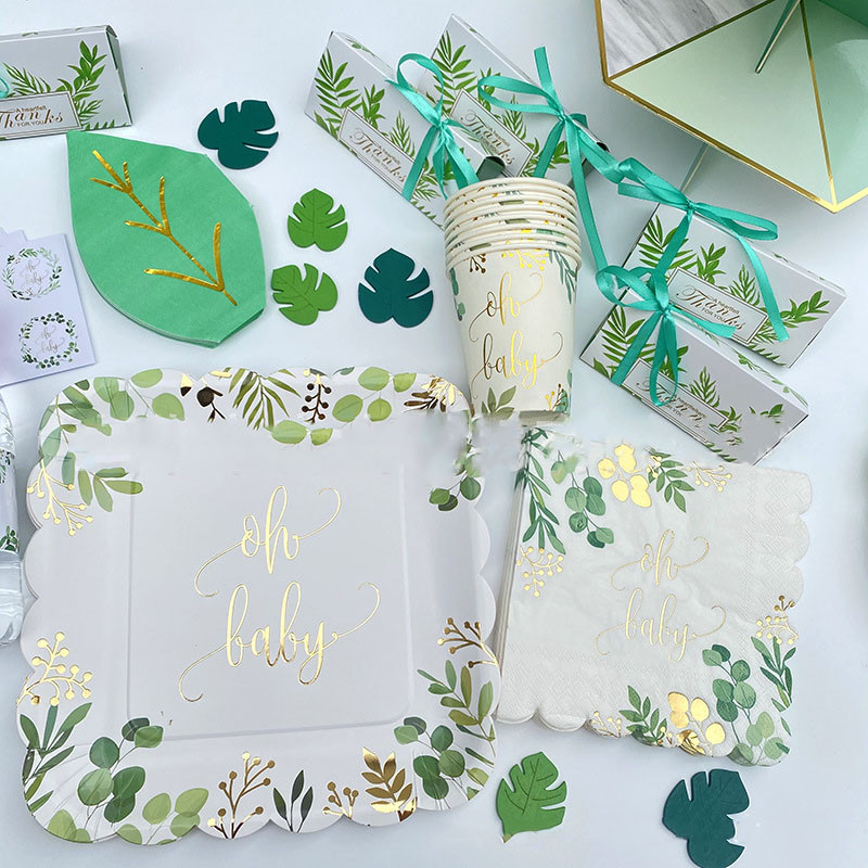 8Gosti Zlatno slovo Oh Dječje jednokratno posuđe Jungle Leaves Salveta Tanjur Šalica Tuširanje dječaka Djevojčica Babyshower Oh Potrepštine za bebe
