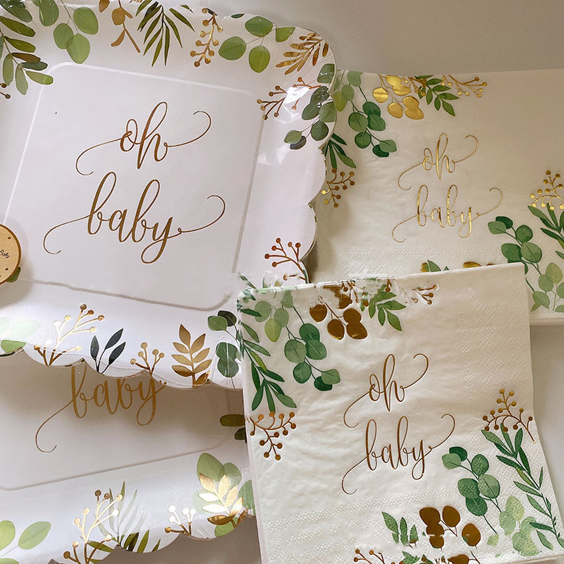 8Gosti Zlatno slovo Oh Dječje jednokratno posuđe Jungle Leaves Salveta Tanjur Šalica Tuširanje dječaka Djevojčica Babyshower Oh Potrepštine za bebe