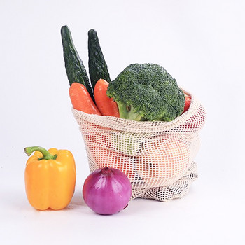 Памучни мрежести торбички за зеленчуци Чанта за продукти Многократна памучна мрежеста чанта за съхранение на зеленчуци Кухненски плодове и зеленчуци с шнур
