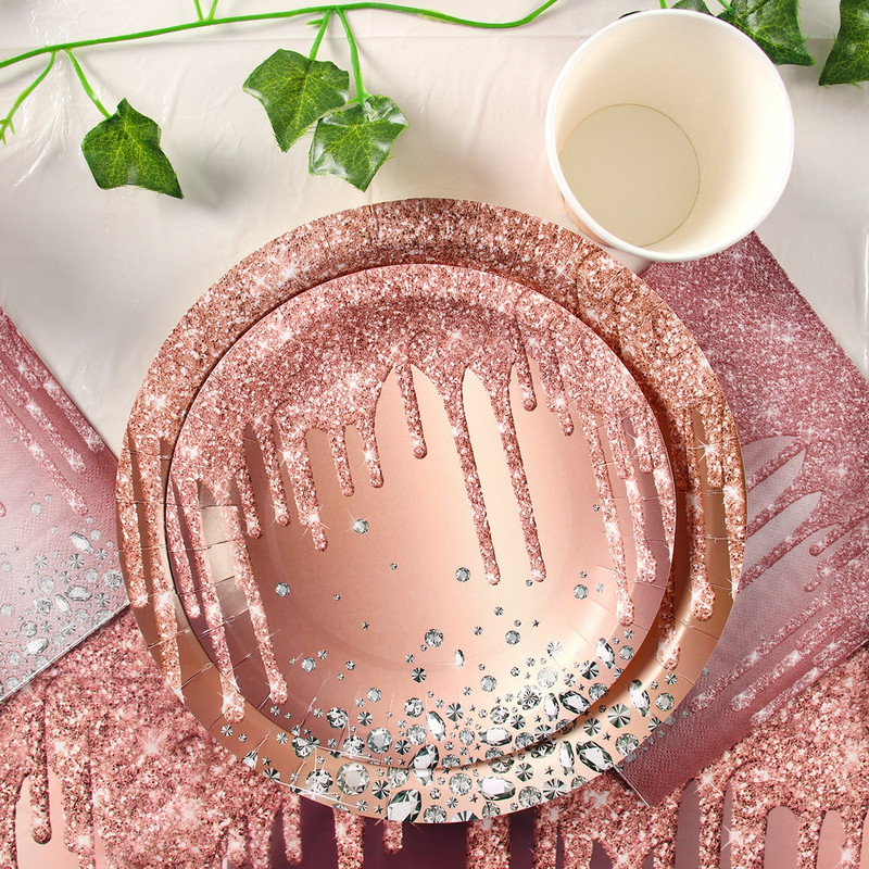 Ružičasto zlatno posuđe za jednokratnu upotrebu Vjenčanje Rođendanska zabava Dekoracija za dječju zabavu Djevojka Nevjesta Posuđe za šalice papirnati tanjur