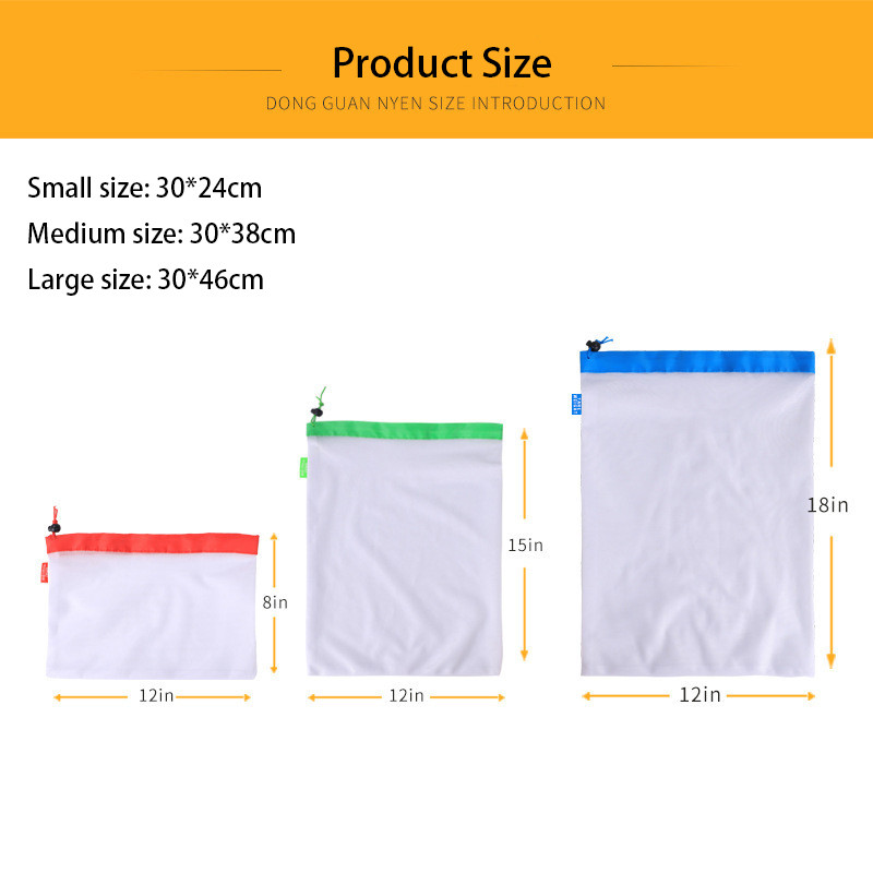 3 suurust korduvkasutatavast võrgust tootekott Pestavad keskkonnasõbralikud kotid toidupoodide ostlemiseks, puu- ja köögiviljade mänguasjade kott