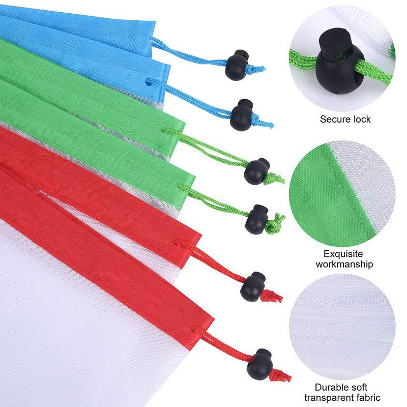 3 suurust korduvkasutatavast võrgust tootekott Pestavad keskkonnasõbralikud kotid toidupoodide ostlemiseks, puu- ja köögiviljade mänguasjade kott