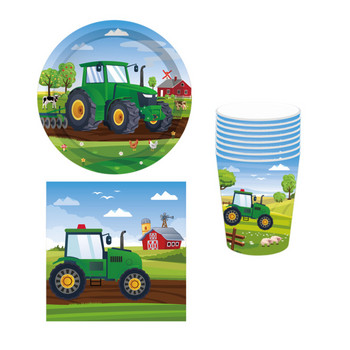 1Σετ Green Farm Tractor Χάρτινα πιάτα μιας χρήσης χαρτοπετσέτες τραπεζομάντιλο παιδικό πάρτι γενεθλίων Διακόσμηση εκσκαφέων οχημάτων