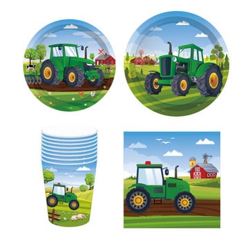 1Σετ Green Farm Tractor Χάρτινα πιάτα μιας χρήσης χαρτοπετσέτες τραπεζομάντιλο παιδικό πάρτι γενεθλίων Διακόσμηση εκσκαφέων οχημάτων