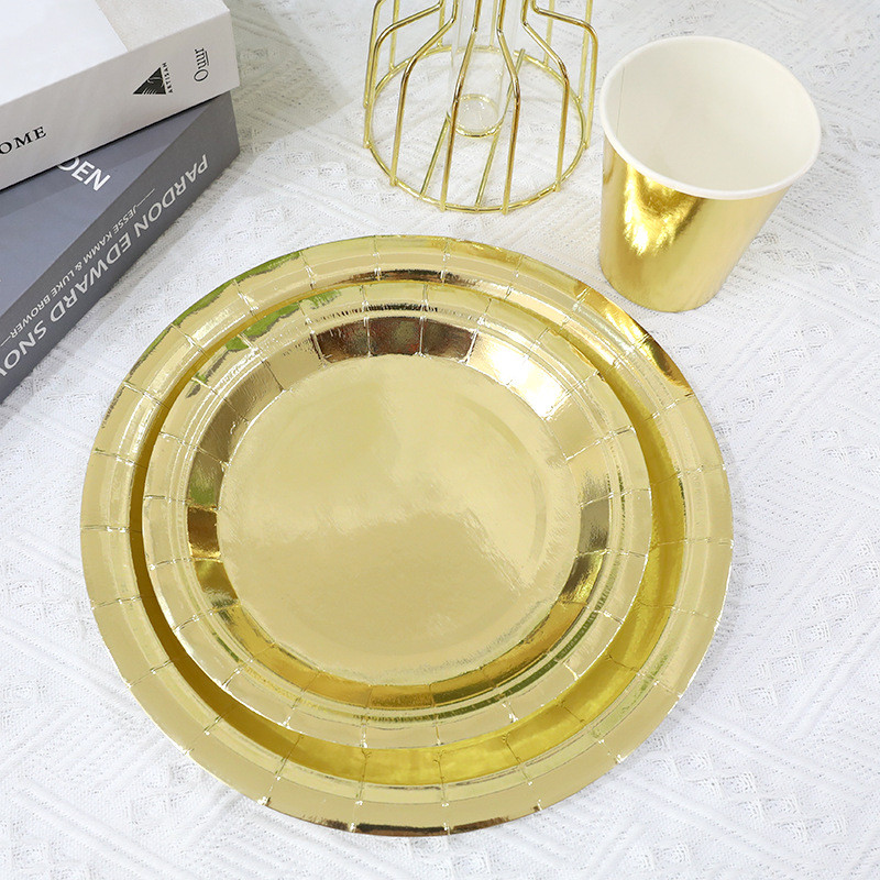 Set de 10 bucăți, auriu, argintiu, aur trandafir, set de veselă de unică folosință, farfurii din hârtie de culoare solidă, cești, pentru nuntă, pentru petrecerea de aniversare, Anul Nou 2023