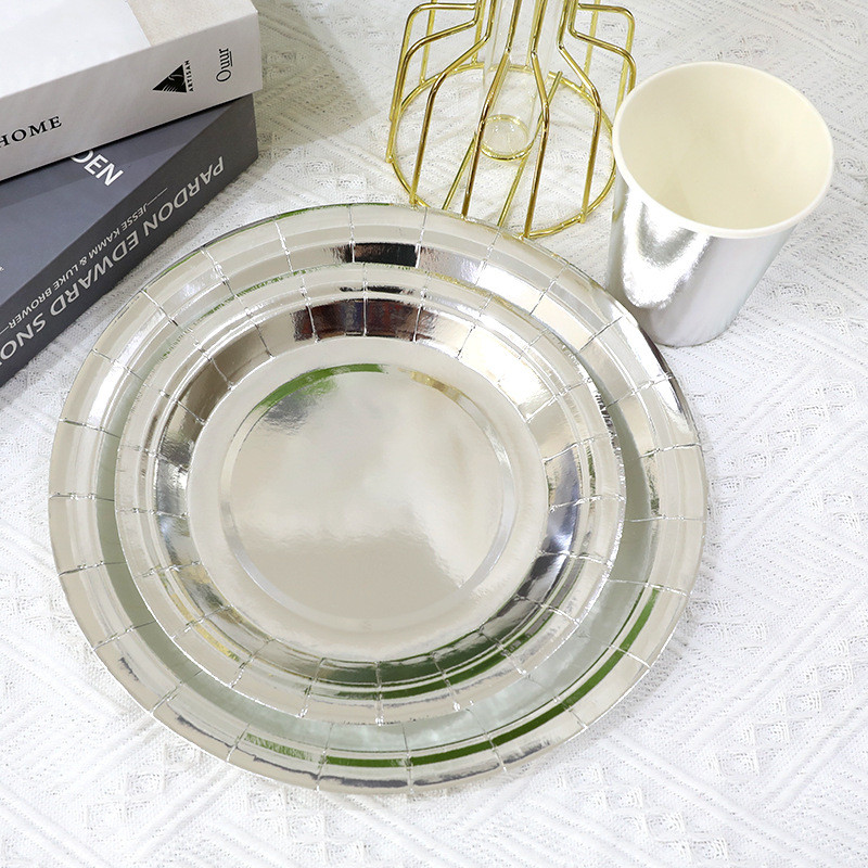 Set de 10 bucăți, auriu, argintiu, aur trandafir, set de veselă de unică folosință, farfurii din hârtie de culoare solidă, cești, pentru nuntă, pentru petrecerea de aniversare, Anul Nou 2023